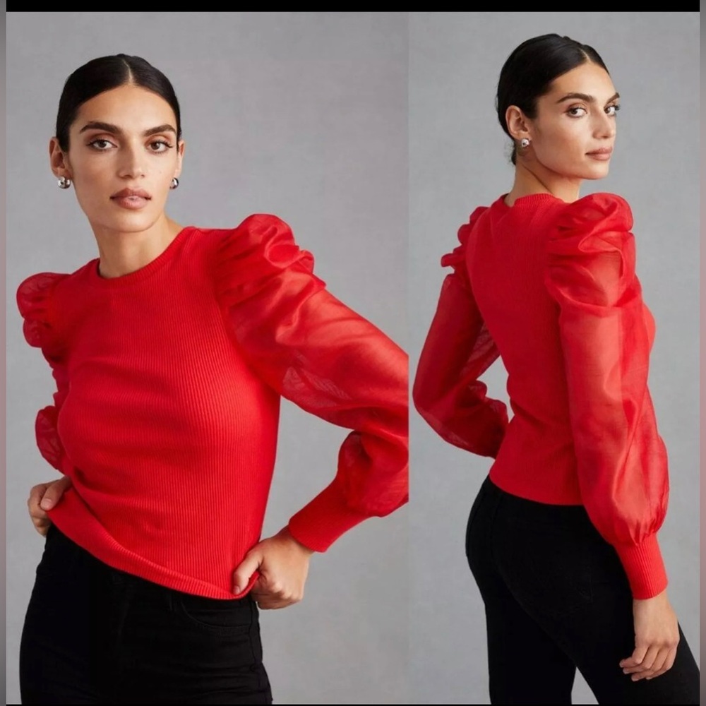 Anthropologie Red Puff Sleeve Blouse